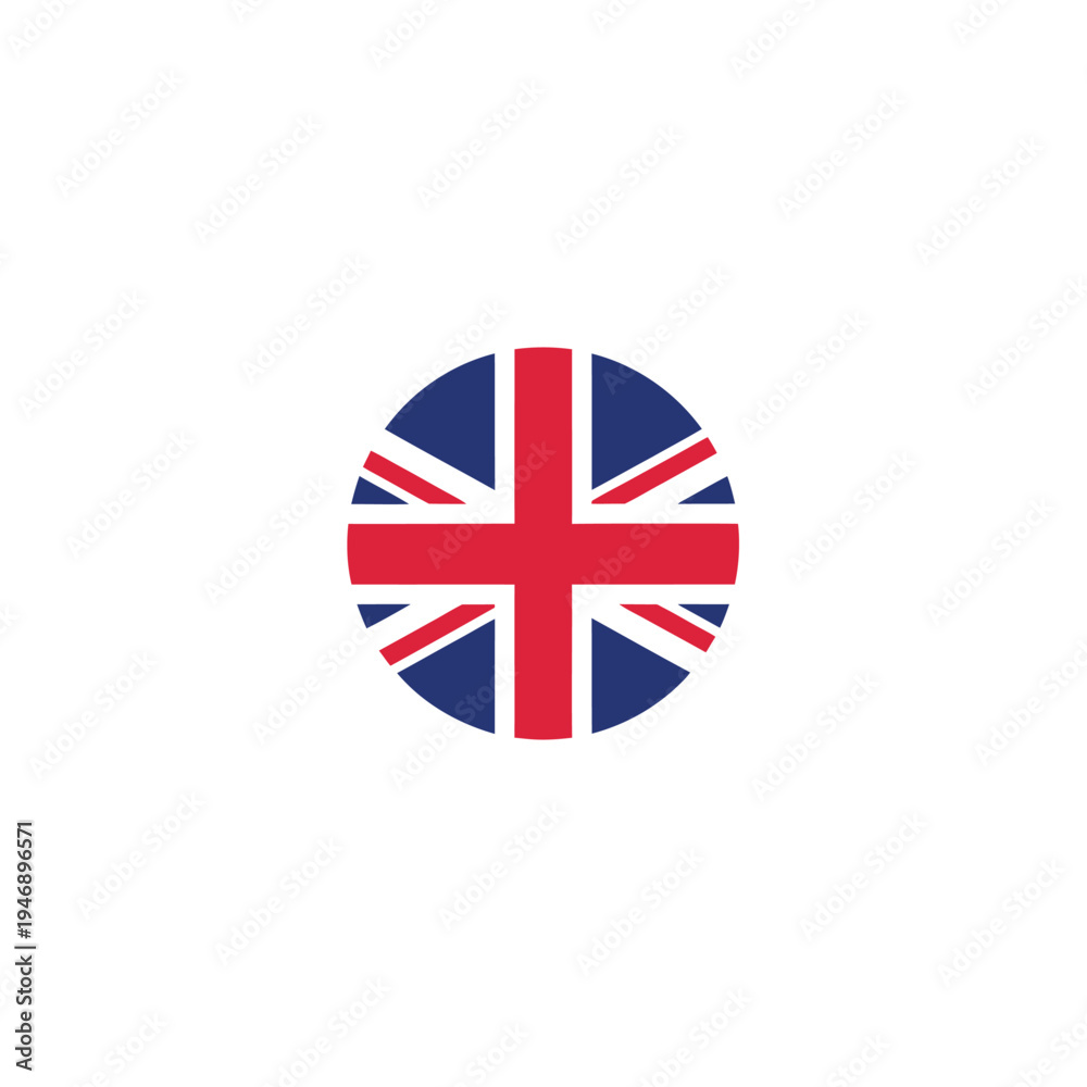 Fototapeta premium A circular illustration of the United Kingdom flag, featuring a red cross on a blue background with white borders, set against a plain white background.