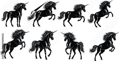 Collection of unicorn silhouettes in dynamic poses including standing, rearing, prancing, and dramatic fantasy design with flowing mane and horn