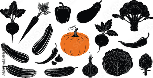 Collection of vegetable silhouettes including carrot, pepper, eggplant, broccoli, radish, garlic, onion, cabbage, artichoke, and orange pumpkin accent.