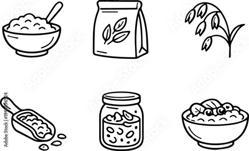 Grain cereal healthy breakfast food icons. Vector