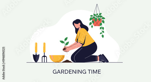 Focused young woman planting a small green sprout in soil with gardening tools and a hanging plant in a bright indoor workspace.