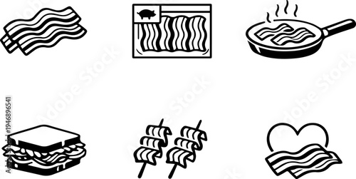 Bacon cooking meat food outline icons. Vector
