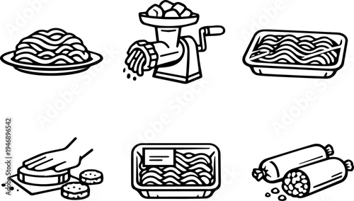 Meat cooking pasta fast food icons. Vector