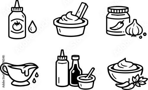 Sauce condiments kitchen food outline icons. Vector