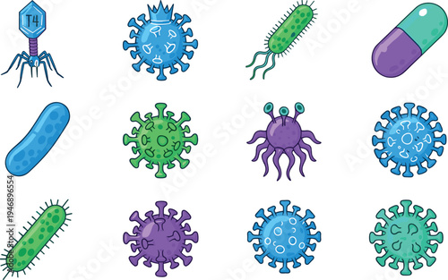 Colorful cartoon illustration of microorganisms including viruses, bacteria, bacteriophage T4, and capsule pill for microbiology and health concepts