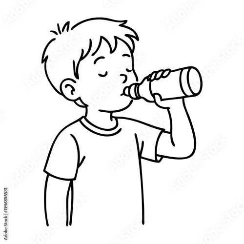 Dibujo sencillo con líneas de un chico joven bebiendo de una botella de plástico 