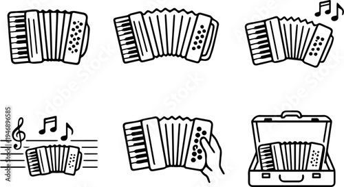 Accordion musical instrument outline icon set. Vector