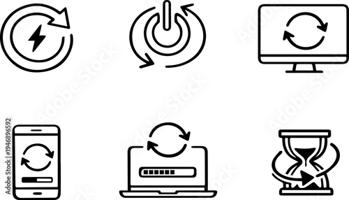 Refresh restart update system outline icons. Vector