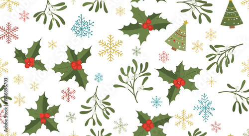 Charming Christmas seamless pattern with green holly leaves, red berries, mistletoe, and festive decorated evergreen trees.