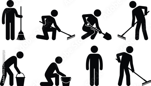 Cleaning and gardening worker silhouette icon set, people sweeping, raking leaves and carrying bucket, maintenance and sanitation activity pictograms