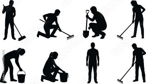 Cleaning and gardening worker silhouettes, people sweeping, raking leaves and carrying buckets, sanitation maintenance labor icon set, household service pictograms