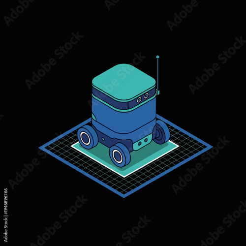 Isometric illustration of a delivery robot with wheels and an antenna on a grid.