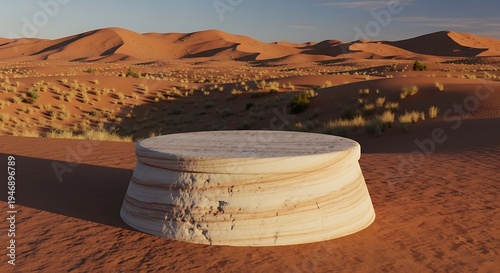 Circular stone platform in a vast desert landscape with sand dunes.