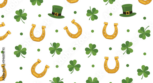 Fun Saint Patricks Day seamless pattern with green top hats, gold horseshoes, and lucky clovers on a clean white background.