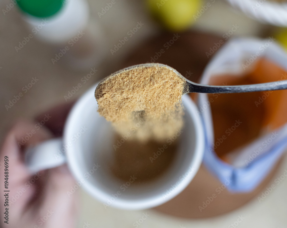 custom made wallpaper toronto digitalPerson adding apple fiber powder to a glass of yogurt, surrounded by fresh apples and walnuts. Healthy prebiotic supplement for gut health, digestion and weight management.