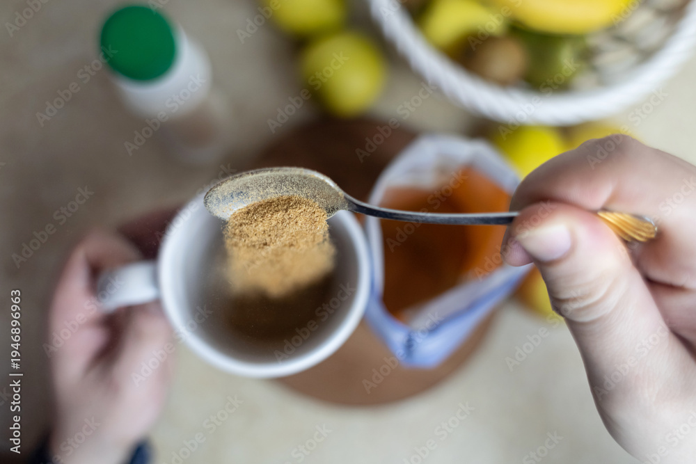 custom made wallpaper toronto digitalPerson adding apple fiber powder to a glass of yogurt, surrounded by fresh apples and walnuts. Healthy prebiotic supplement for gut health, digestion and weight management.