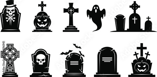 Halloween graveyard tombstone icon set, spooky cemetery silhouettes with skull cross ghost pumpkin bats, horror decoration flat vector illustration