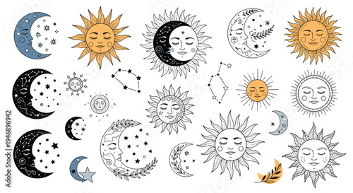 Extensive collection of mystical sun and moon characters with facial expressions in a vintage celestial woodcut art style.