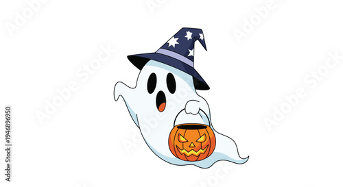 Friendly cartoon ghost wearing a starry wizard hat and carrying a carved pumpkin trick or treat bucket for Halloween night.