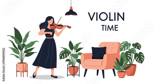 Elegant woman playing the violin in a cozy stylish living room filled with indoor green plants and a comfortable armchair.