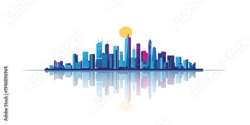 Abstract blue city skyline illustration featuring architectural skyscrapers and a 3d business finance graph reflection to symbolize urban market success