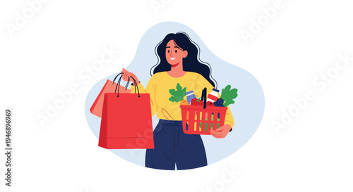 Smiling young woman carrying red shopping bags and a grocery basket overflowing with fresh healthy vegetables and fruits.