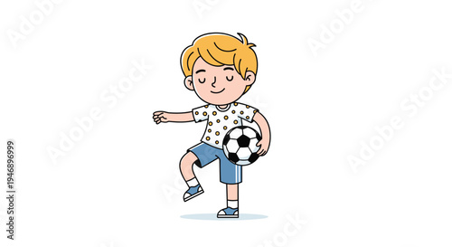 Happy young blonde boy balancing a soccer ball on his knee while playing sports against a plain white background outdoors.