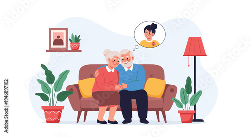 Elderly couple sitting together on a comfortable sofa in their living room while thinking about their granddaughter during a quiet moment.