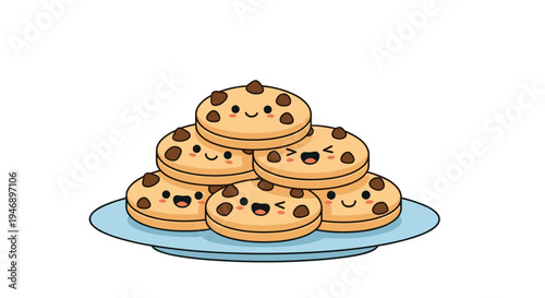 Large stack of cute kawaii chocolate chip cookies with smiling faces and rosy cheeks rests on a light blue plate for a sweet treat.