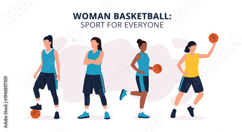 Four women of different ethnicities display their basketball skills in various poses for a sport for everyone promotional illustration.