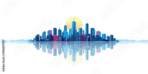 A sleek 3d illustration of a black Chicago city skyline silhouette featuring modern architecture and skyscrapers with a night light reflection over the urban downtown cityscape