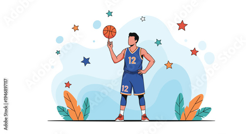 Professional basketball player in a blue uniform spins a basketball on his finger against a creative background with colorful stars.