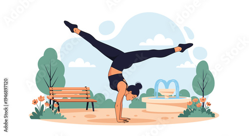 Athletic woman performs a perfect handstand yoga pose in a public park near a bench and a water fountain on a sunny summer day.
