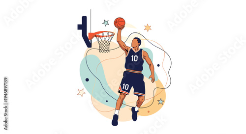 Dynamic illustration of a male basketball player wearing a number ten jersey jumping high in the air to perform a powerful slam dunk.