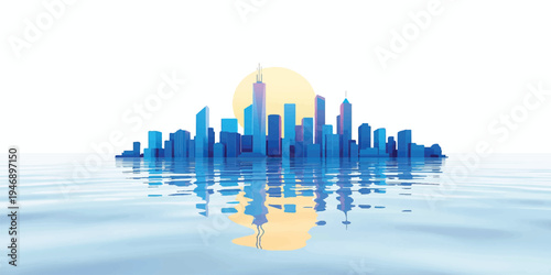 Abstract blue city skyline vector illustration featuring a 3d business architecture design with skyscraper silhouettes and urban night reflections in a downtown cityscape panorama