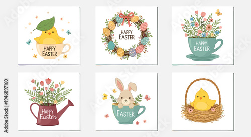 Set of six decorative Easter cards featuring adorable yellow chicks, a bunny, floral arrangements, and festive spring wreaths.