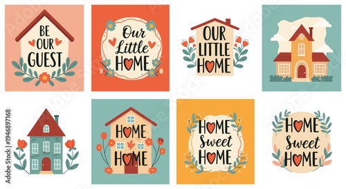 Collection of cozy home themed illustrations with positive text quotes, cute houses, and floral decorations in warm earthy colors.