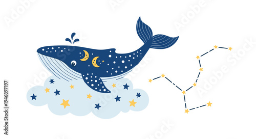 Celestial whale illustration swims across a cloud filled with stars next to a constellation symbol in a magical night sky setting.