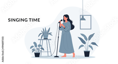 Talented woman in a long dress sings into a microphone in a cozy room decorated with indoor plants during her singing time session.