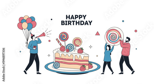 Group of people celebrate a happy birthday with a giant multi-layered cake, colorful balloons, and party horns in a fun illustration.