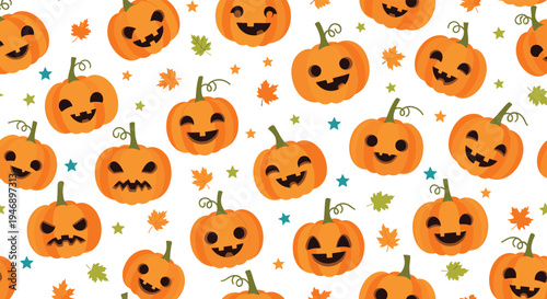 Festive Halloween pattern features cute orange jack-o-lantern pumpkins with various expressions mixed with autumn leaves and stars.