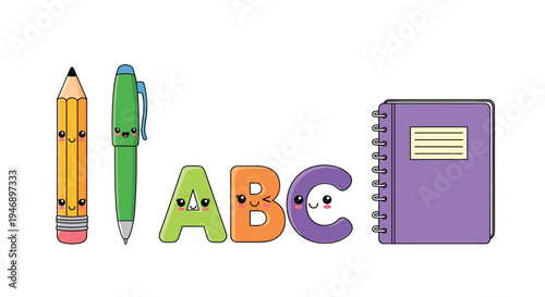 Kawaii school supplies including a pencil, pen, and notebook appear next to colorful ABC letters with cute smiling faces.
