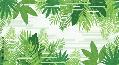 Lush tropical background features a dense collection of green jungle leaves and palm fronds in a layered and vibrant composition.