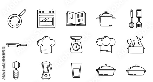 A set of kitchen icons including cooking utensils and appliances in a minimalist line art style