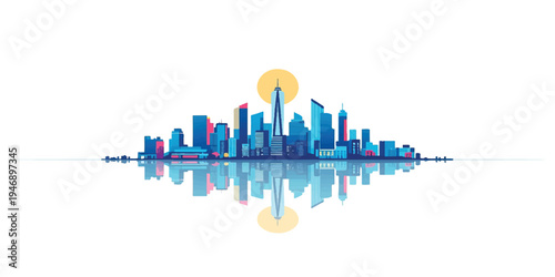 Abstract night cityscape illustration featuring a 3d building skyline with urban skyscraper silhouettes and artistic reflections in a modern business downtown panorama