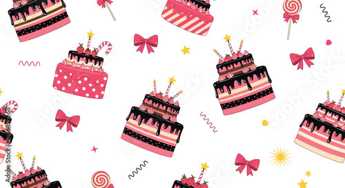 Joyful celebration pattern consists of pink and chocolate cakes with strawberries and candles mixed with ribbons and stars.