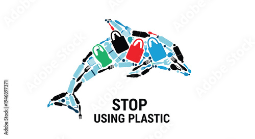 Environmental awareness poster shows a dolphin silhouette made of plastic waste with the bold text stop using plastic underneath.