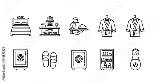 A set of minimalist hotel icons including a bed, reception desk, robe, safe, and amenities.