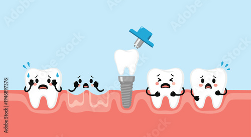 Worried tooth characters react to a dental implant procedure shown on a pink gum background for a medical education concept.