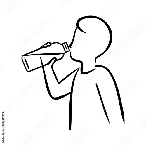 Dibujo sencillo con líneas de un chico joven bebiendo de una botella de plástico 